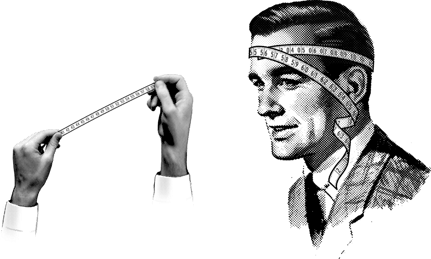 Illustration of a man with a measuring tape around his head on a white background
