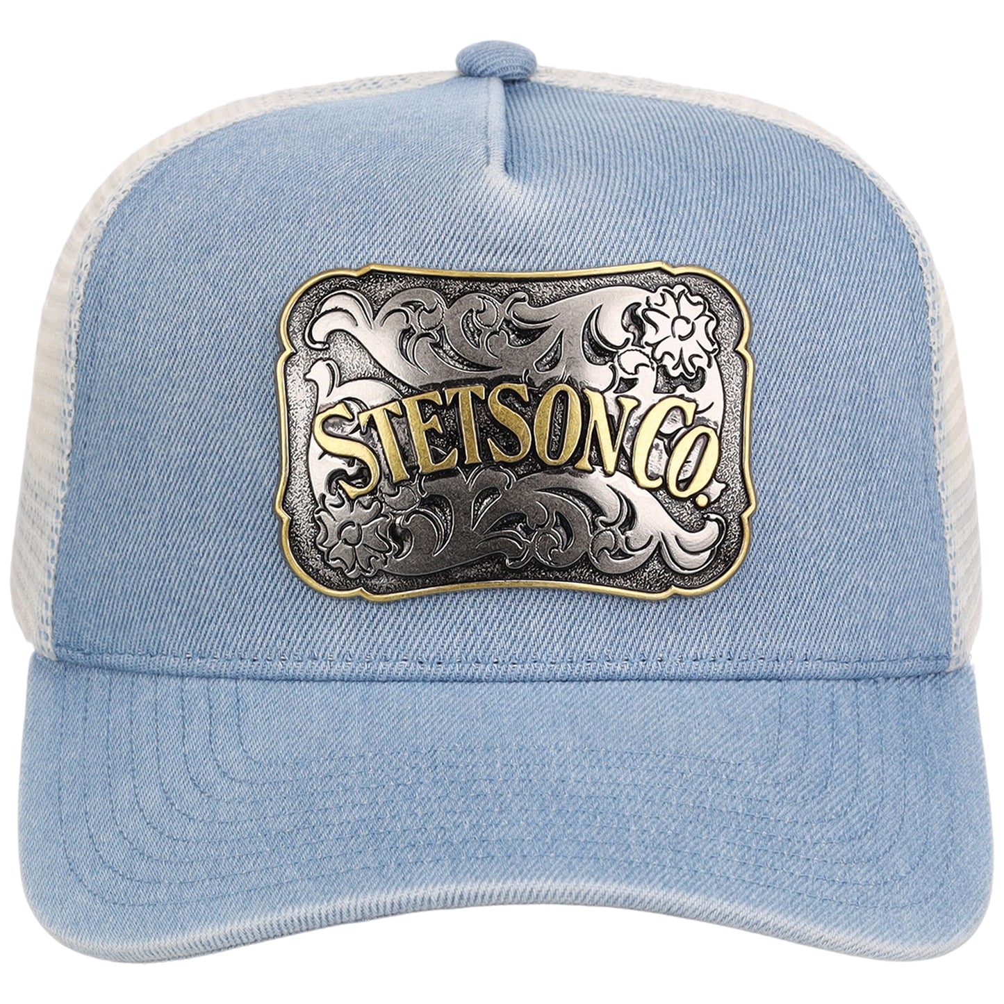 Light blue trucker hat with a decorative Stetson logo on a white background