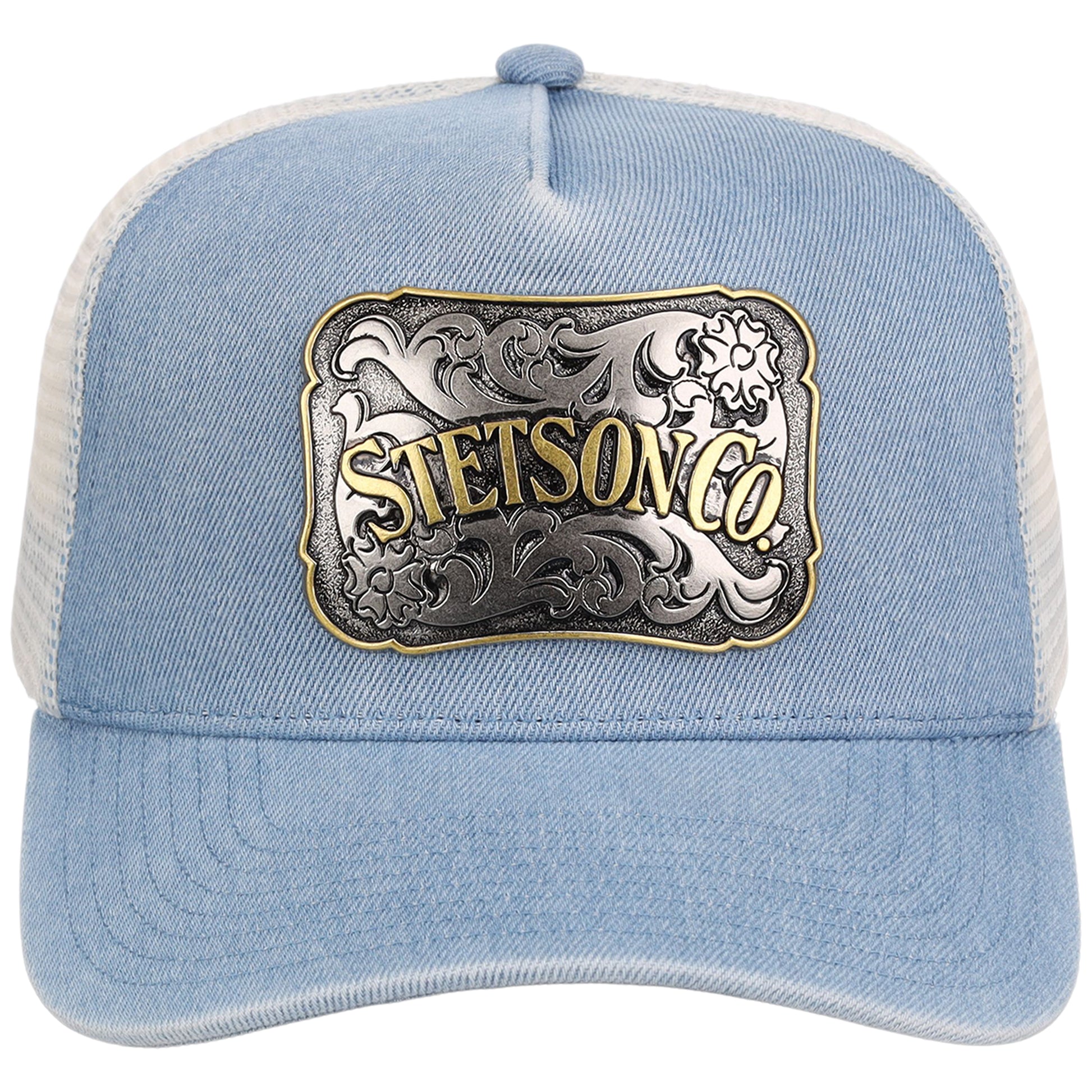 Light blue trucker hat with a decorative Stetson logo on a white background