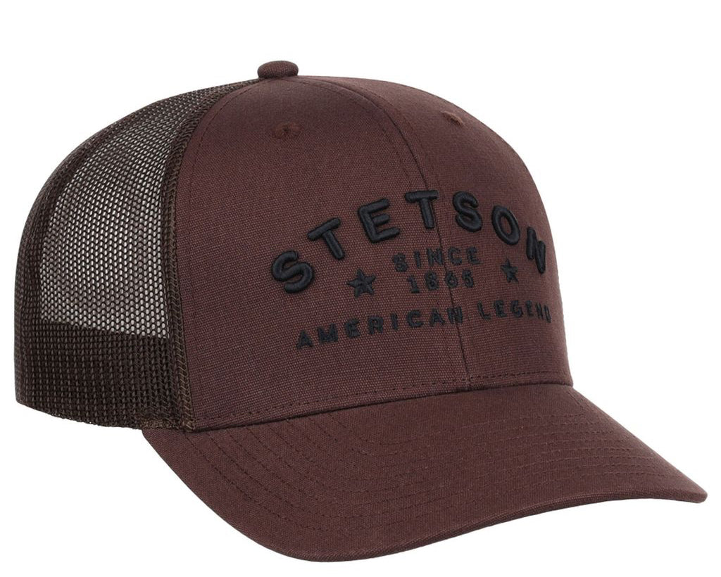 Brown Stetson cap with mesh back on a white background