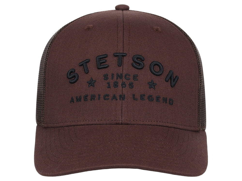 Brown Stetson cap with black text on a white background