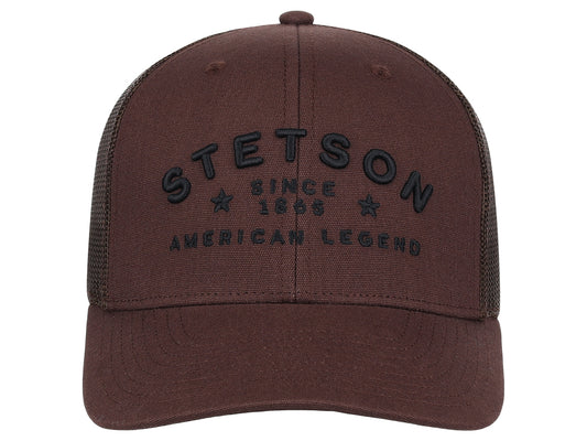Brown Stetson cap with black text on a white background
