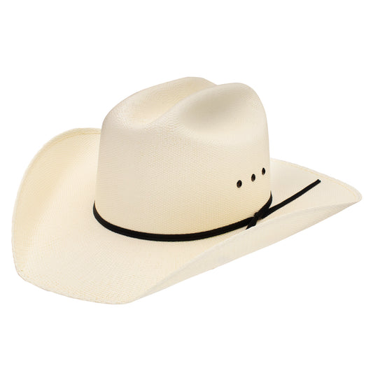 An off-white woven cowboy hat with a black band and three decorative black dots on the side, shown against a plain white background.