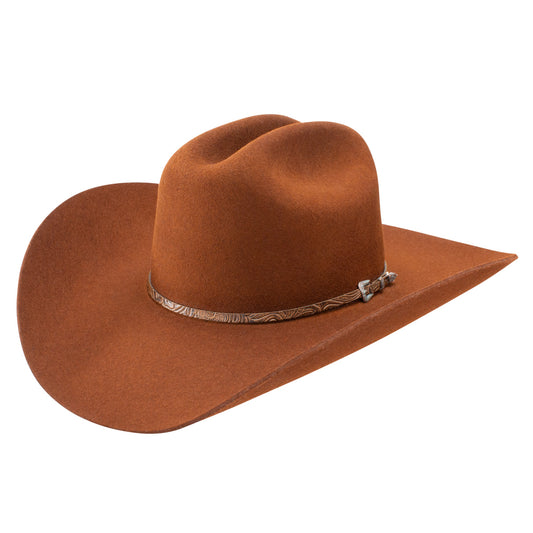 Red cowboy hat with a decorative band on a white background