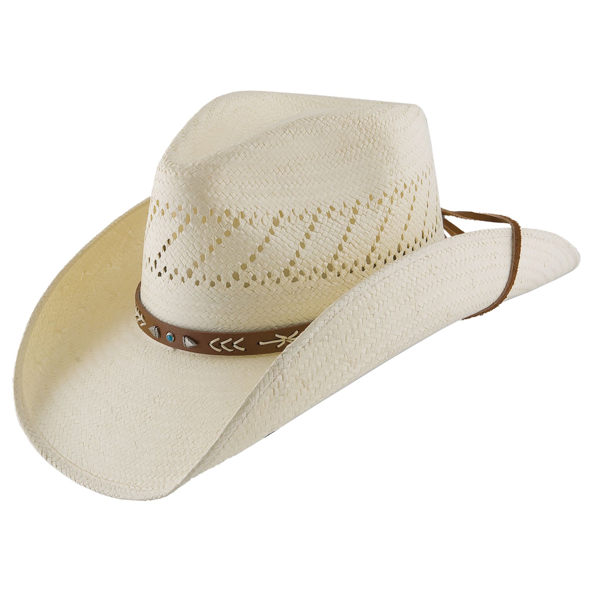 Natural Stetson cowboy hat with a brown band on a white background